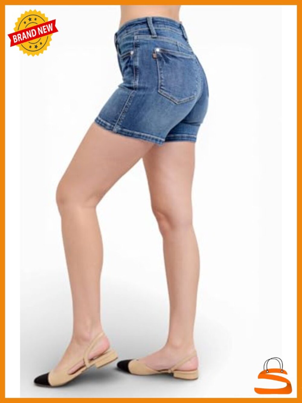 Mid Rise Tummy Control Jean Shorts Mid Length - Picture 2 of 4